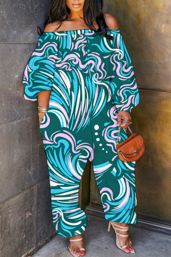 Lake Blue Casual Print Basic Off Shoulder Regular Jumpsuits