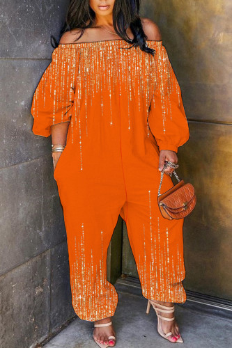Orange Casual Print Basic Off Shoulder Regular Jumpsuits