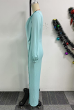 Light Blue Casual Solid Color Basic V Neck Regular Jumpsuits