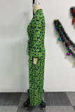 Green Casual Print Slit V Neck Long Dresses