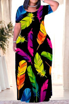 Colour Casual Leaves feather Pocket Contrast O Neck Printed Plus Size Dresses