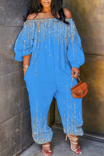 Sky Blue Casual Print Basic Off Shoulder Regular Jumpsuits