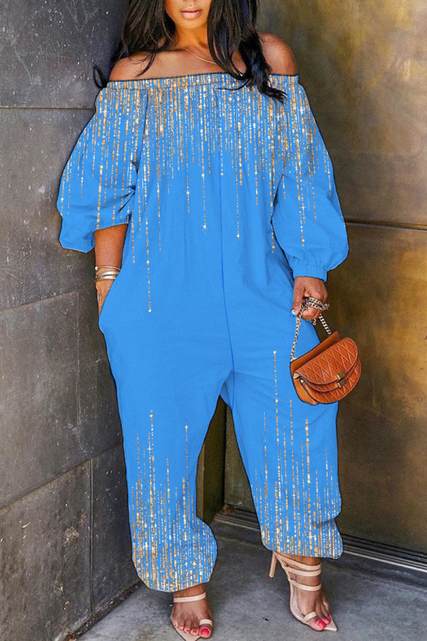 Sky Blue Casual Print Basic Off Shoulder Regular Jumpsuits