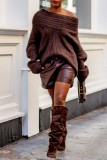 Coffee Casual Solid Color Basic Oblique Collar Tops