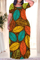 Brown Casual Leaves feather Pocket Contrast O Neck Printed Plus Size Dresses