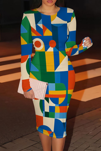 Blue Yellow Casual Print Patchwork O Neck Wrapped Skirt Dresses