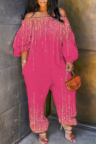Rose Red Casual Print Basic Off Shoulder Regular Jumpsuits