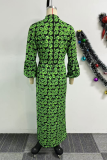 Green Casual Print Slit V Neck Long Dresses