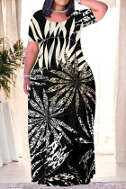 Black Casual Leaves feather Pocket Contrast O Neck Printed Plus Size Dresses