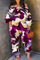 Dark Purple Casual Print Basic Off Shoulder Regular Jumpsuits