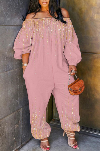Light Pink Casual Print Basic Off Shoulder Regular Jumpsuits