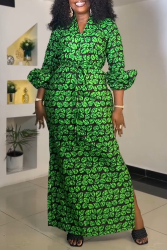 Green Casual Print Slit V Neck Long Dresses