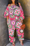 Rose Red Casual Print Basic Off Shoulder Regular Jumpsuits