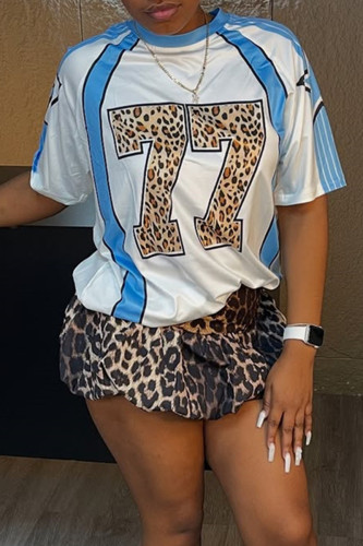 Blue Casual Leopard Print Patchwork Contrast O Neck T-Shirts