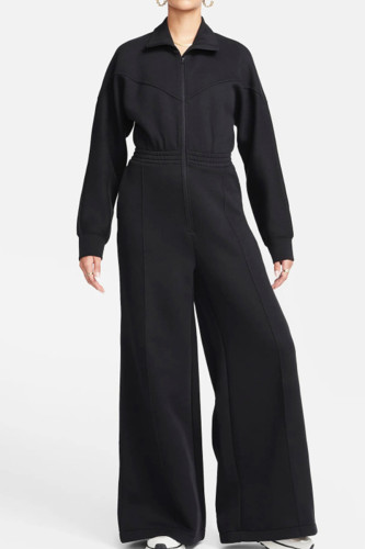 Black Elegant Solid Patchwork Pocket Zipper Turndown Collar Loose Jumpsuits