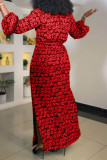 Green Casual Print Slit V Neck Long Dresses