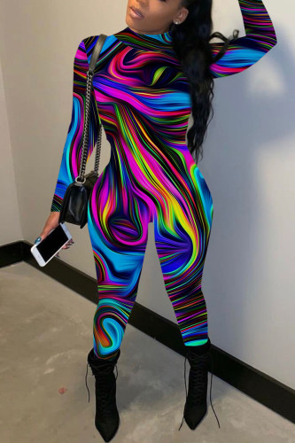 Multicolor Casual Print Basic Half A Turtleneck Skinny Jumpsuits
