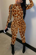Leopard Print Casual Print Basic Half A Turtleneck Skinny Jumpsuits