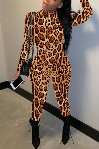 Leopard Print Casual Print Basic Half A Turtleneck Skinny Jumpsuits