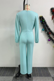 Light Blue Casual Solid Color Basic V Neck Regular Jumpsuits