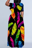 Brown Casual Leaves feather Pocket Contrast O Neck Printed Plus Size Dresses