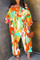Orange Casual Print Basic Off Shoulder Regular Jumpsuits