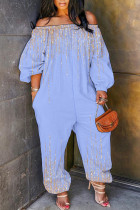 Light Blue Casual Print Basic Off Shoulder Regular Jumpsuits
