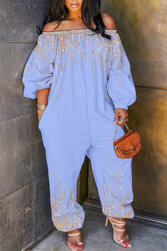 Light Blue Casual Print Basic Off Shoulder Regular Jumpsuits