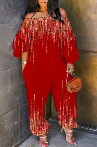 Red Casual Print Basic Off Shoulder Regular Jumpsuits