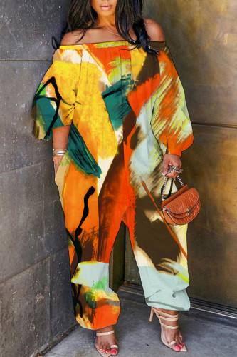Orange Yellow Casual Print Basic Off Shoulder Regular Jumpsuits