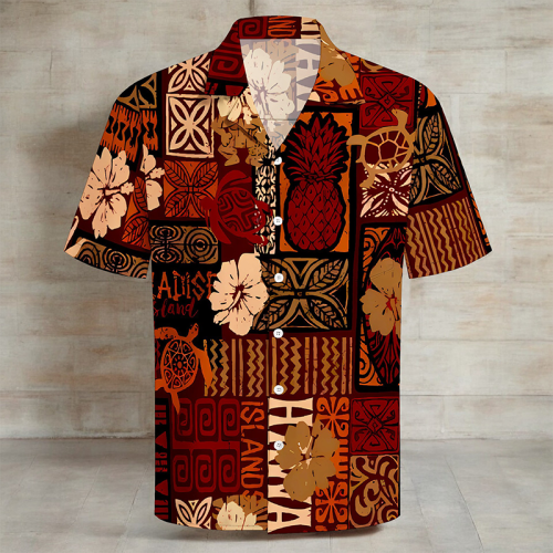 Deep Red Casual Vacation Floral Print Pocket Buttons Turndown Collar Tops