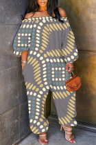 Grey Casual Print Basic Off Shoulder Regular Jumpsuits