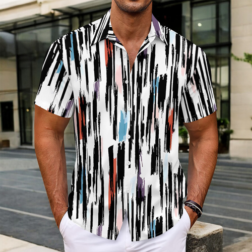 Multicolor Casual Geometric Print Buttons Contrast Turndown Collar Tops