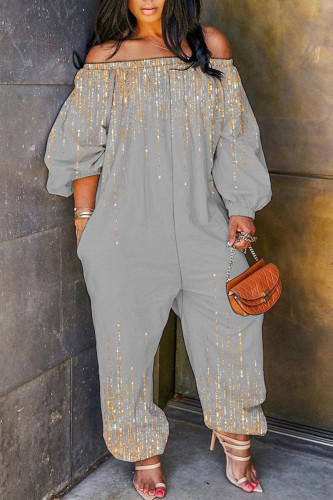 Grey Casual Print Basic Off Shoulder Regular Jumpsuits