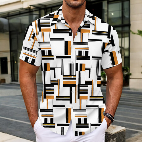 White Casual Geometric Print Buttons Contrast Turndown Collar Tops