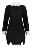Black Casual Ripped Patchwork Shirt Collar Long Dresses
