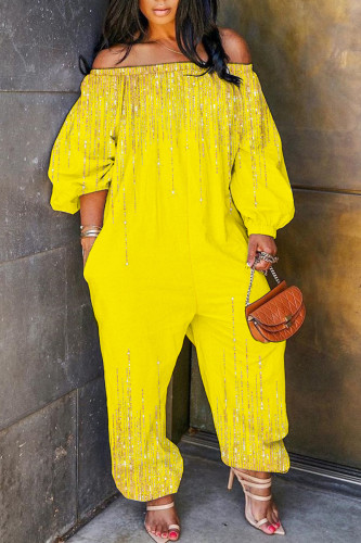 Yellow Casual Print Basic Off Shoulder Regular Jumpsuits