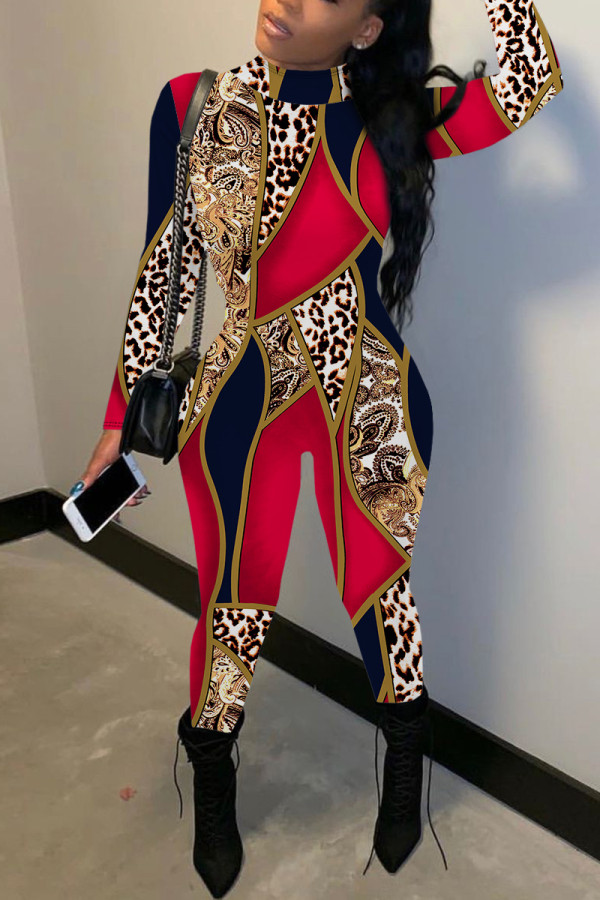 Red Casual Print Basic Half A Turtleneck Skinny Jumpsuits