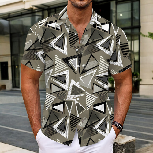 Black Green Casual Geometric Print Buttons Contrast Turndown Collar Tops