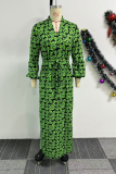 Green Casual Print Slit V Neck Long Dresses