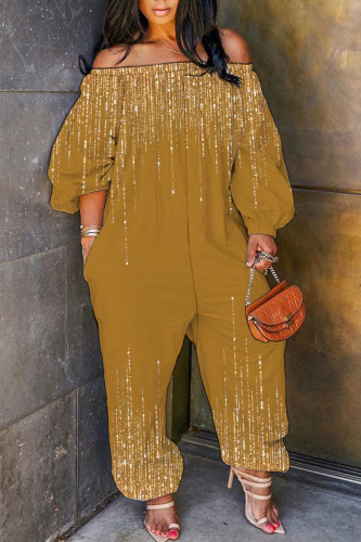 Camel Casual Print Basic Off Shoulder Regular Jumpsuits