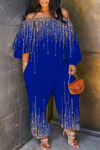 Blue Casual Print Basic Off Shoulder Regular Jumpsuits