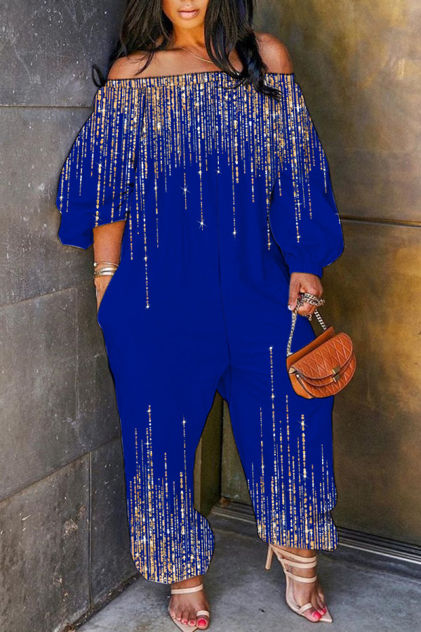 Blue Casual Print Basic Off Shoulder Regular Jumpsuits