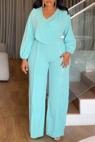 Light Blue Casual Solid Color Basic V Neck Regular Jumpsuits