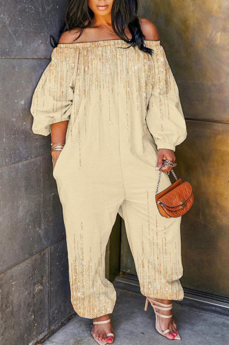 Apricot Casual Print Basic Off Shoulder Regular Jumpsuits