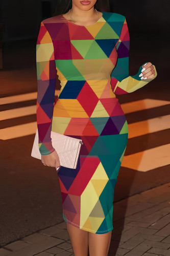 Red Green Casual Print Patchwork O Neck Wrapped Skirt Dresses