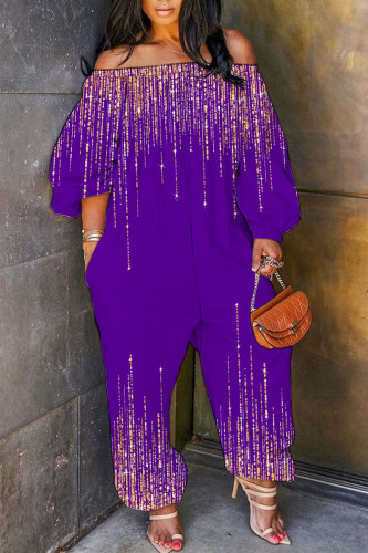 Purple Casual Print Basic Off Shoulder Regular Jumpsuits