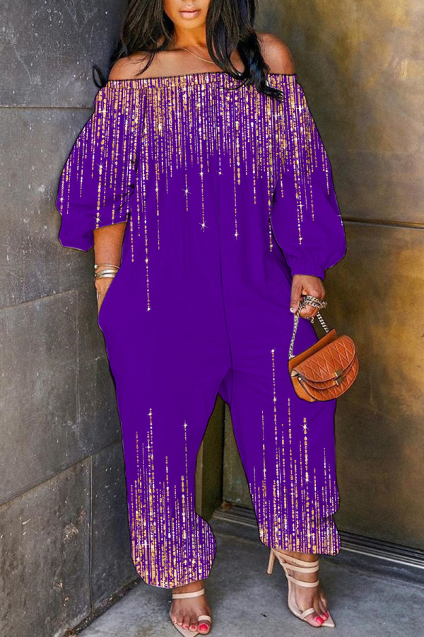 Purple Casual Print Basic Off Shoulder Regular Jumpsuits