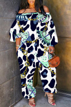 Dark Blue Casual Print Basic Off Shoulder Regular Jumpsuits