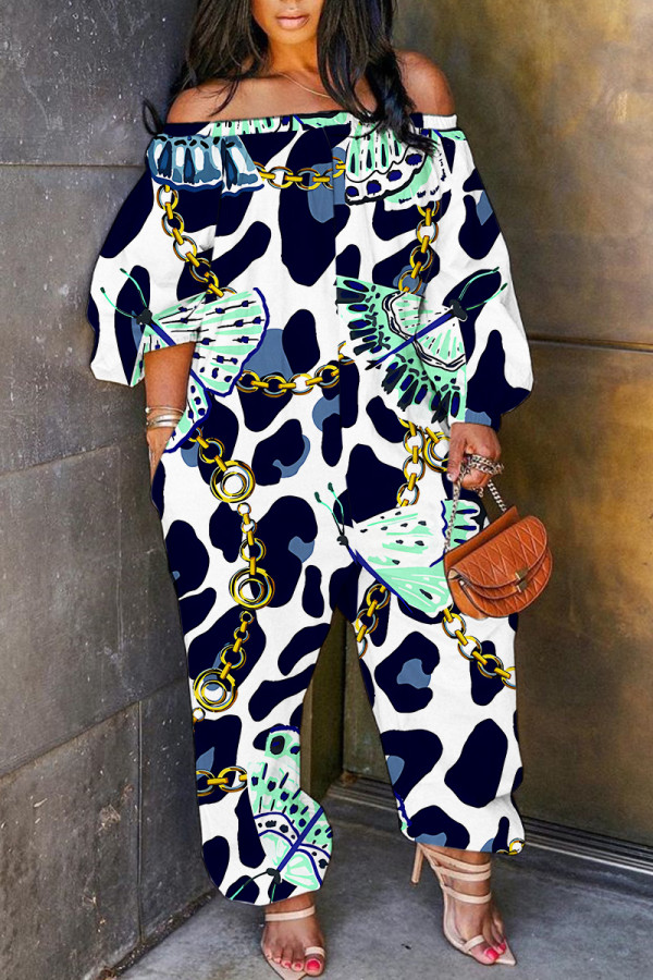 Dark Blue Casual Print Basic Off Shoulder Regular Jumpsuits